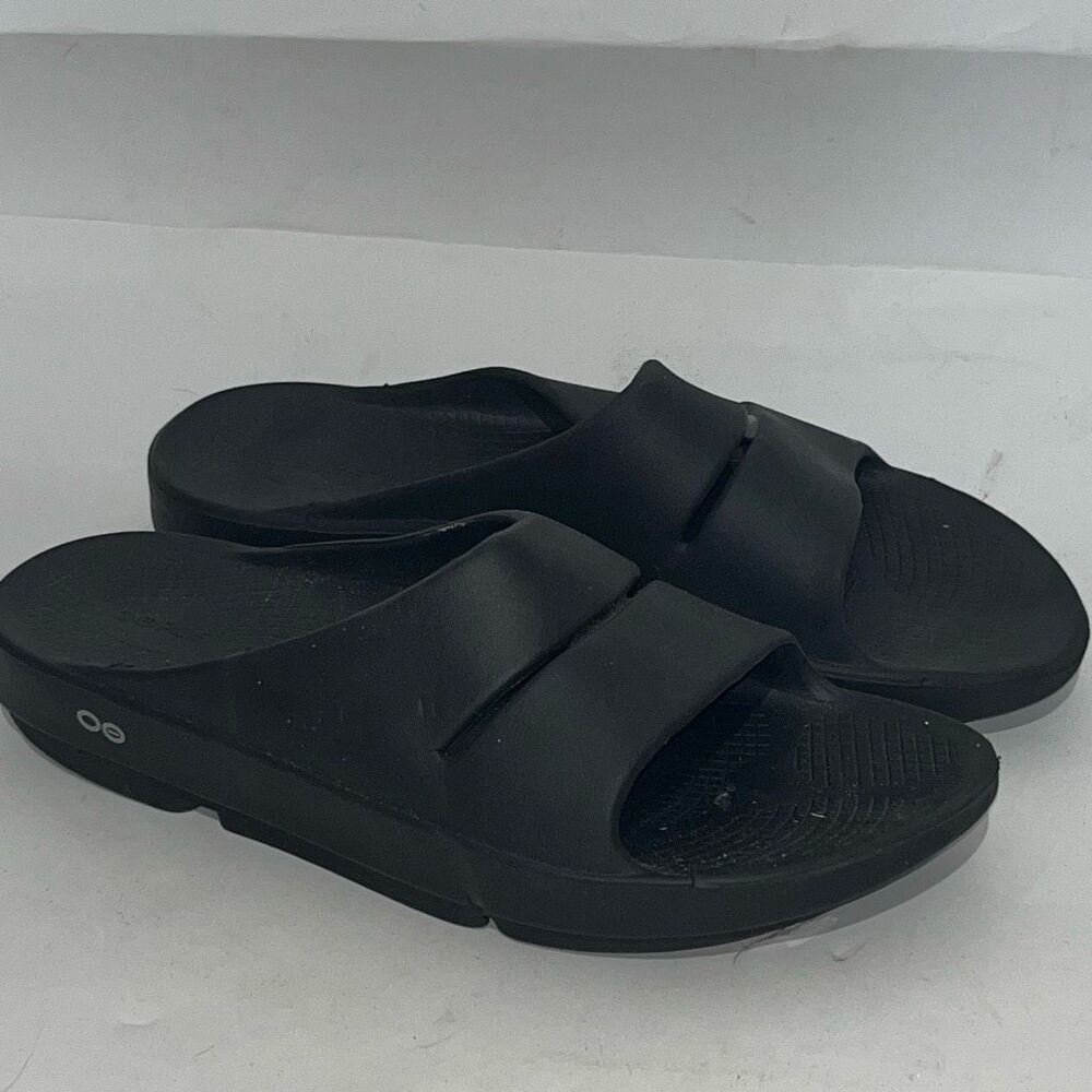 Oofos Men's OOahh Black Slip On Open Toe Comfort Recovery Slide Sandals Size 45